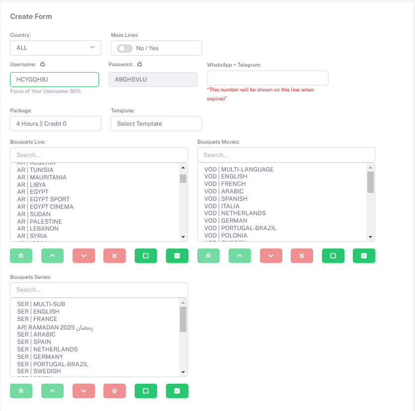 MegaIPTV reseller panel showing the subscription line creation form